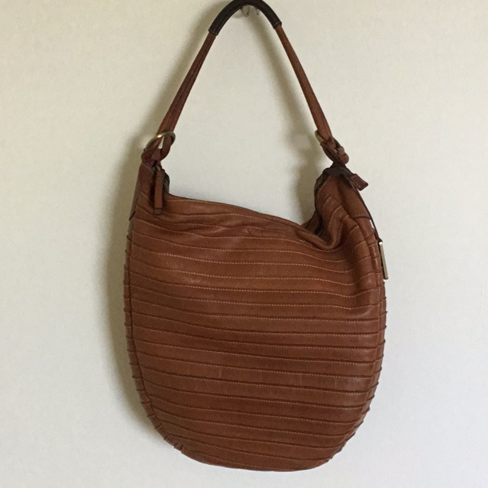 Cognac Brown Ribbed Leather Hobo Bag